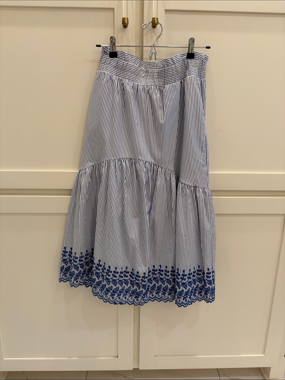 Tuckernuck Blue & White Striped Midi Skirt with Blue Embroidered Hem